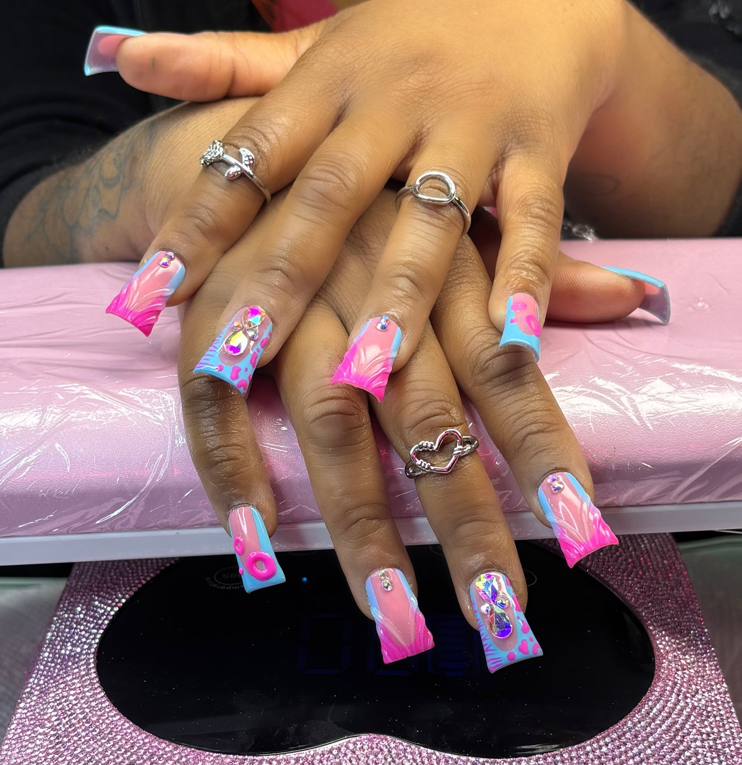 Pink & Blue Short Duck Nails With Bling