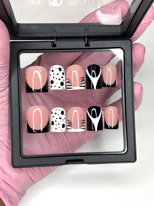 Black& White Abstract,  Short Nails, Handmade