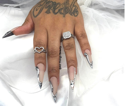 Sliver Chrome, Long Stiletto, Press On Nails With Bling..