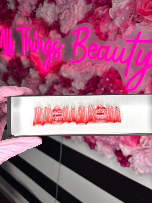 Pink & Red Ombré Nails, Short Moon Duck Nails, 3D Mouth Nails