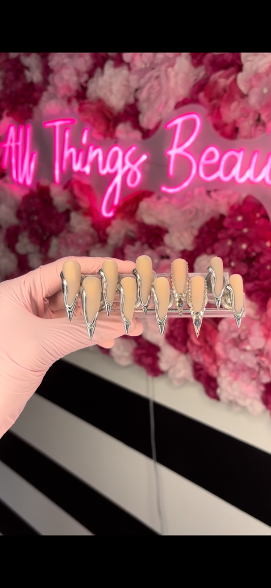 Sliver Chrome, Long Stiletto, Press On Nails With Bling..