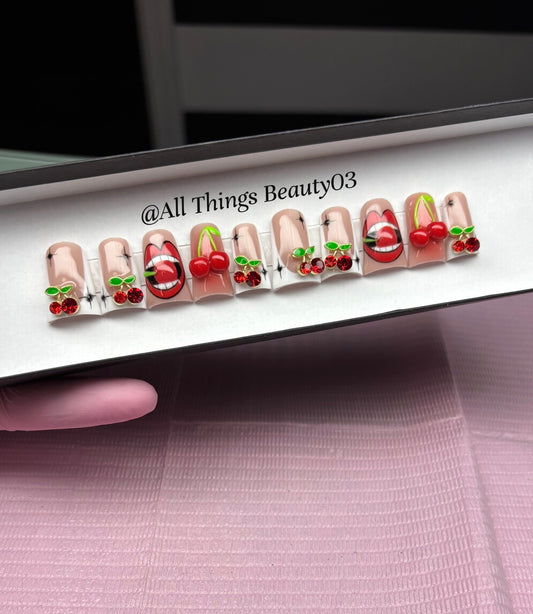 3D Mouth, Hand Painted, Short Duck Nails, Cherry Press On Nails
