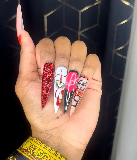 Halloween Nails, It Character Nails, Long Stiletto Nails