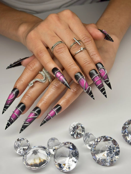 Pink & Black Aura, Long Stilettos, 3D Sliver Chrome..