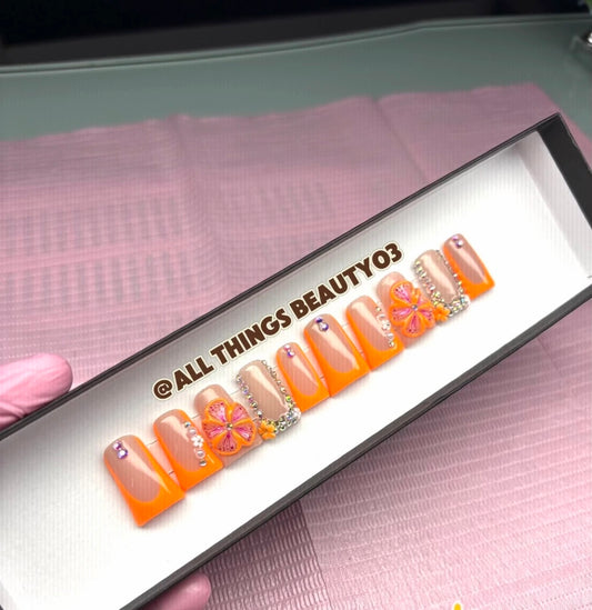 3D Flowers, Medium Duck Nails Orange Duck Press Ons