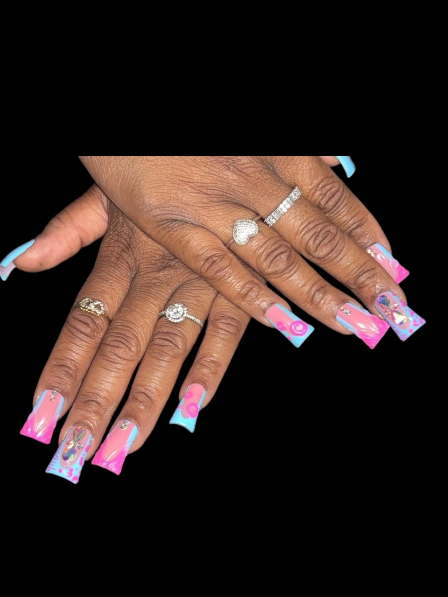 Pink & Blue Short Duck Nails With Bling