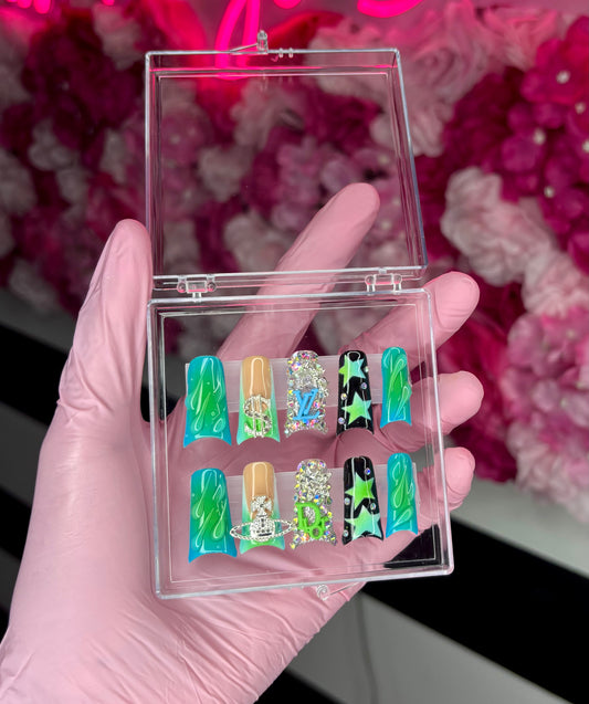 Blue & Green Ombre, Short Moon Duck Nails, With Bling